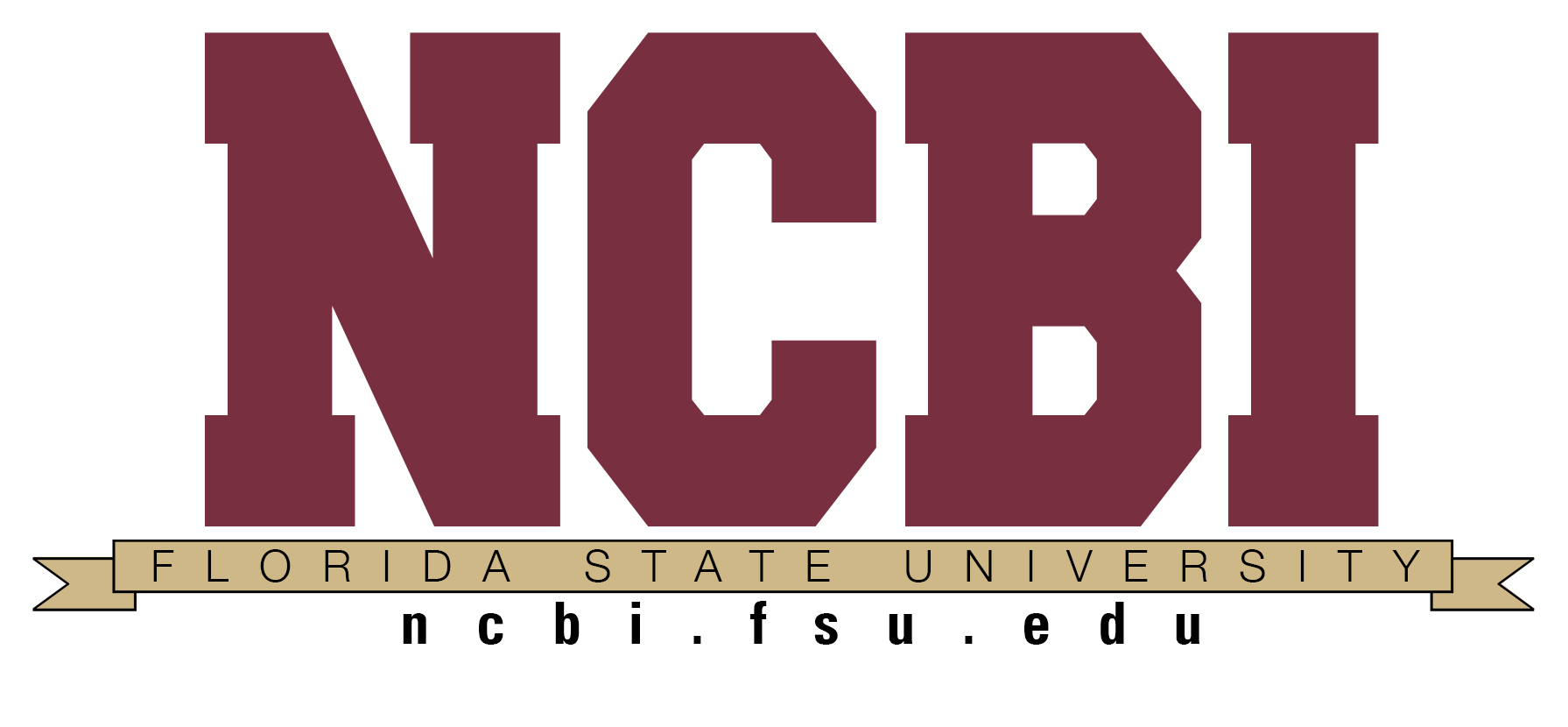 The acronym NCBI over a graphic of a ribbion labeled Florida State University, below: ncbi.fsu.edu