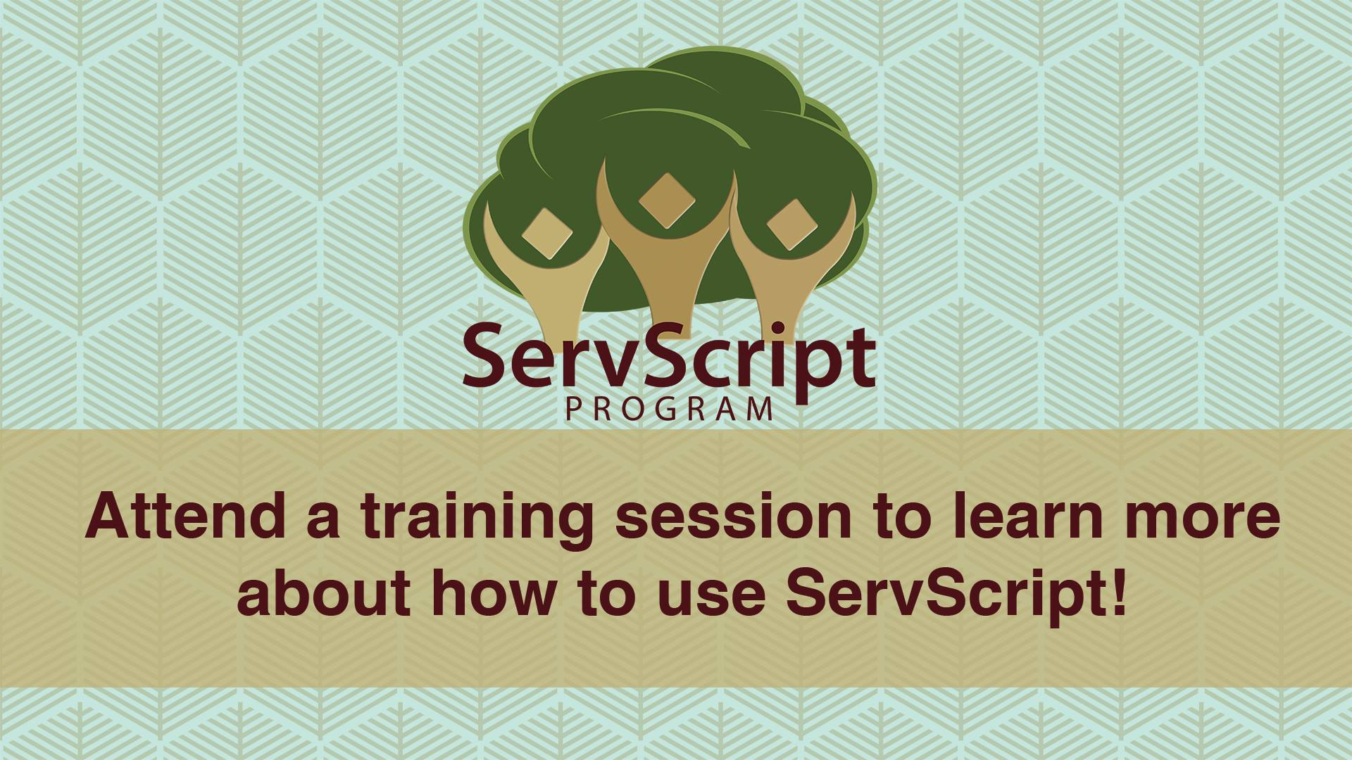 Graphic of a tree made up of three people as the branches with the words ServScript Program on the right side of it, Below the words Attend a training session to learn about how to use ServScipt!