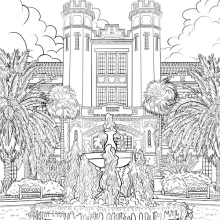 Crop of black-and-white coloring sheet of FSU's Westcott Building with fountain in foreground. Artwork by Amanda Albert