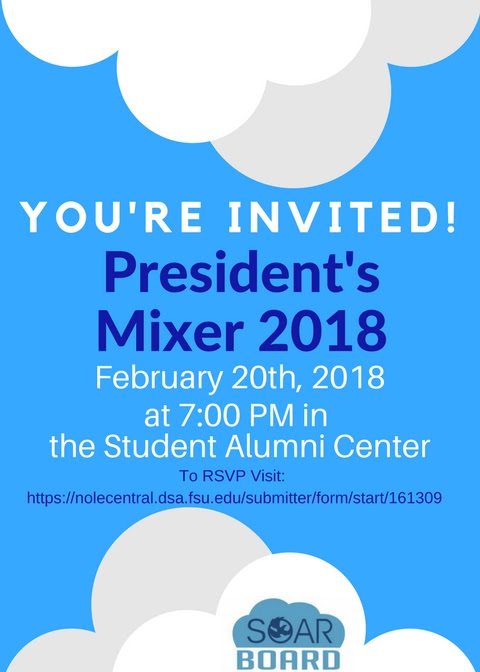 Graphic of clouds on a blue background with the words You're Invited! President's Mixer 2018, February 20, 2018 7:00pm