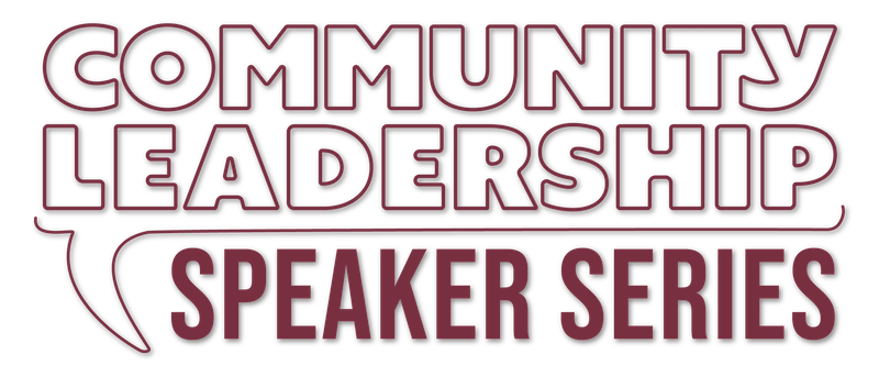 "Community Leadership Speaker Series with stylized speech bubble"