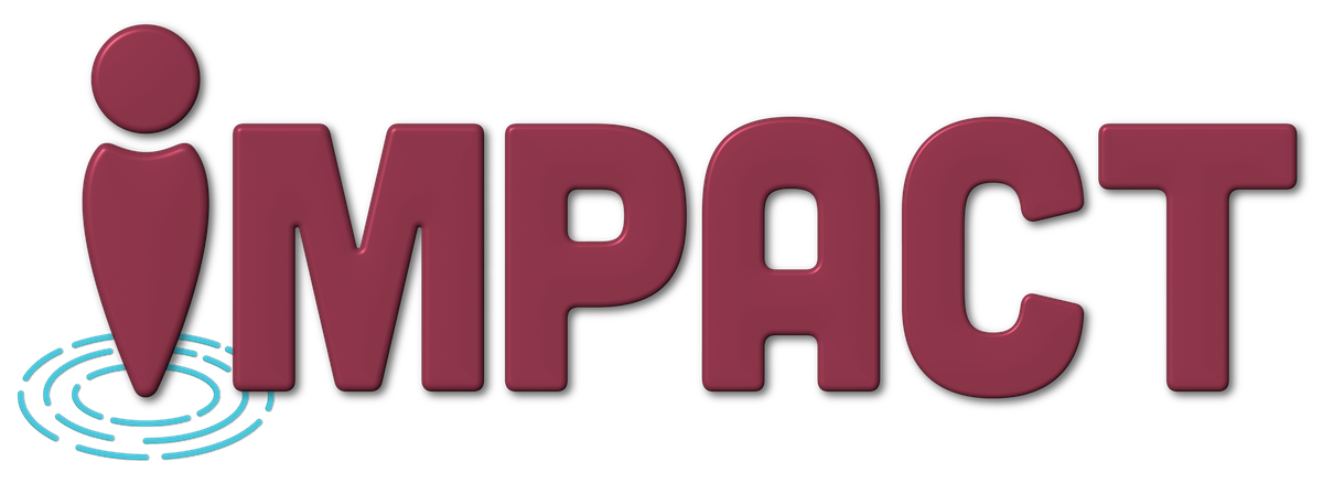 "The word 'impact' with the letter 'i' stylized as an abstract person in the shape of a map point"