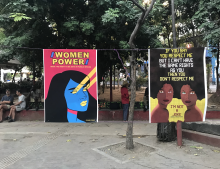 IMAGE: Signs hung around the square as part of a feminist festival in Exarchia