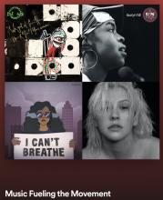 A collage of four album covers featured on the playlist Music Fueling the Movement.