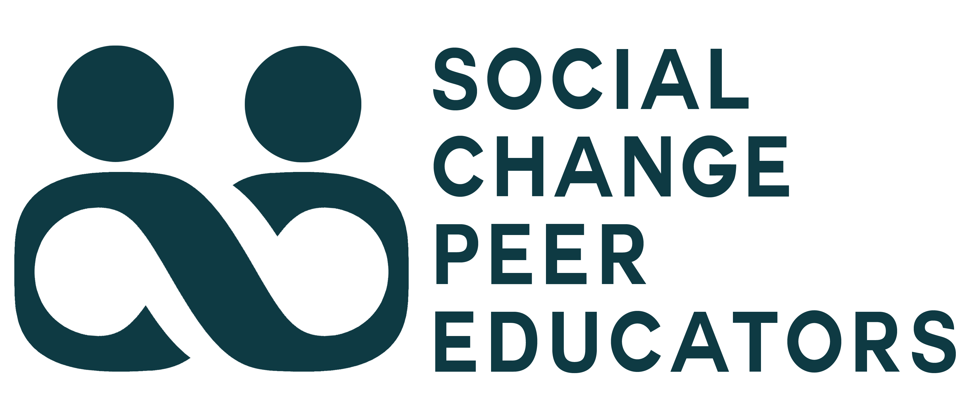 Graphic of two people next to each other forming an infinity sign with the words Social Change Peer Educators to the right side of it