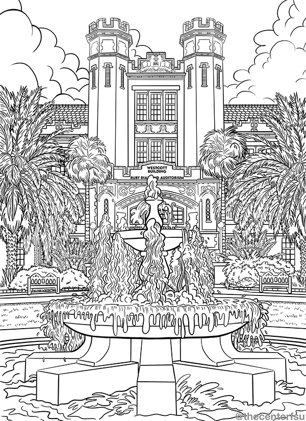 Black-and-white coloring sheet of FSU's Westcott Building with fountain in foreground. Artwork by Amanda Albert
