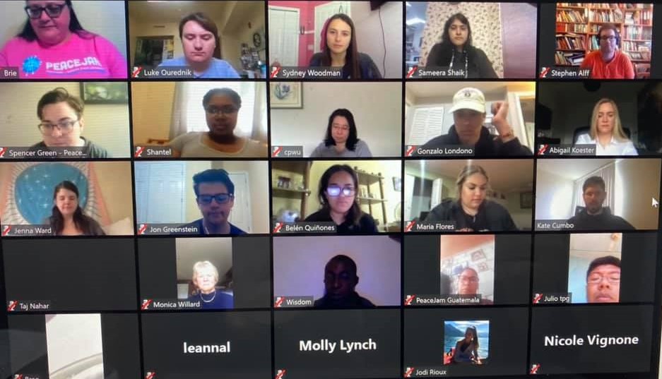 The author and others participate in a Zoom meeting connecting members of PeaceJam globally