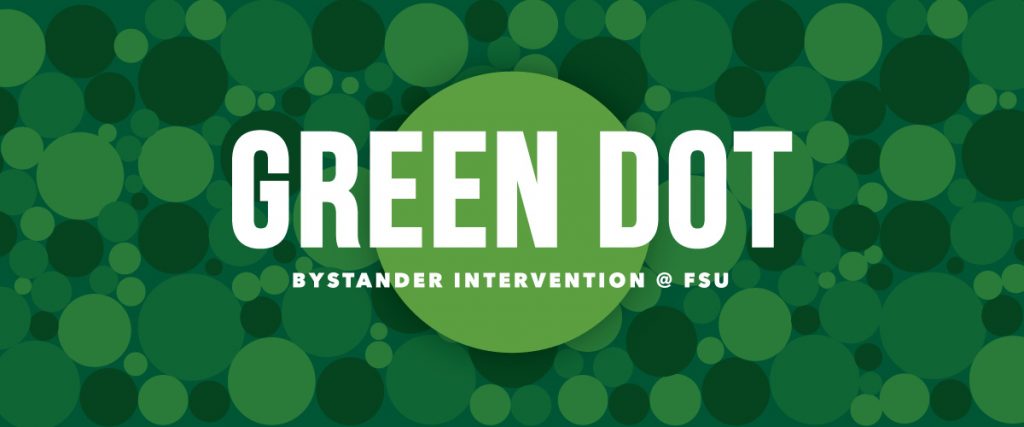 A graphic made up of various colored green dots with the words Green Dot Bystander Intervention at FSU