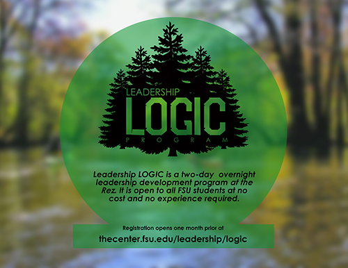 The words Leadership Logic Program superimposed on a tree. Below: a description of the program, thecenter.fsu.edu/leadership/logic