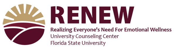 Round graphic of a sun above mountains with the words RENEW: Realizing Everyone's Need for Emotional Wellness, University Counseling Center, Florida State University to the right side of it