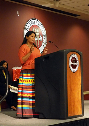 Carla Gopher, a member of the Seminole Tribe of Florida and FSU alumna, addressed students at Thursday's V-rak-ke-ce-tv Cultural Graduation Ceremony.