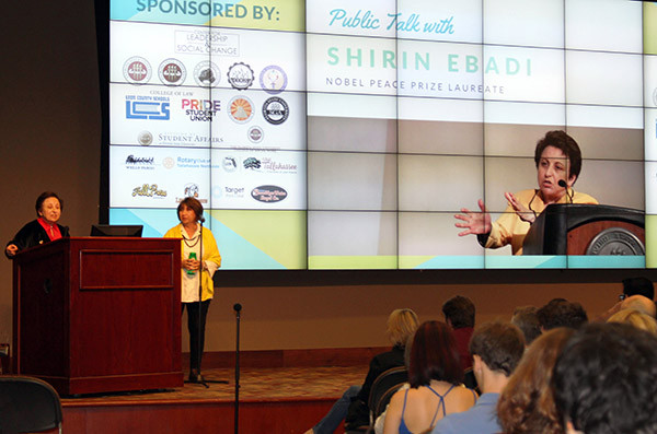 Nobel Peace Laureate Shirin Ebadi addresses the crowd on March 24 at PeaceJam Southeast's annual public talk.