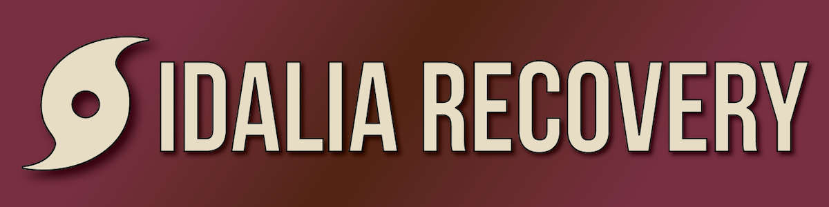 Garnet background with gold hurricane symbol and "Idalia Recovery"