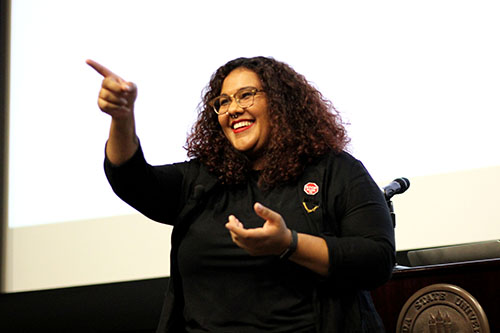 Dr. Shantel Buggs, an assistant professor in the Department of Sociology, answers questions from students during the opening keynote of the Multicultural Leadership Summit on Jan. 26.