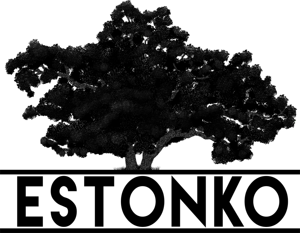A large oak tree in silhouette above the text Estonko