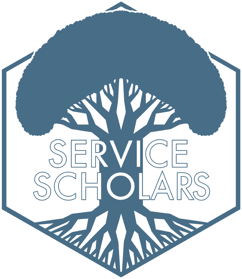Service Scholars logo featuring a tree with roots and crown inside a hexagonal badge. 