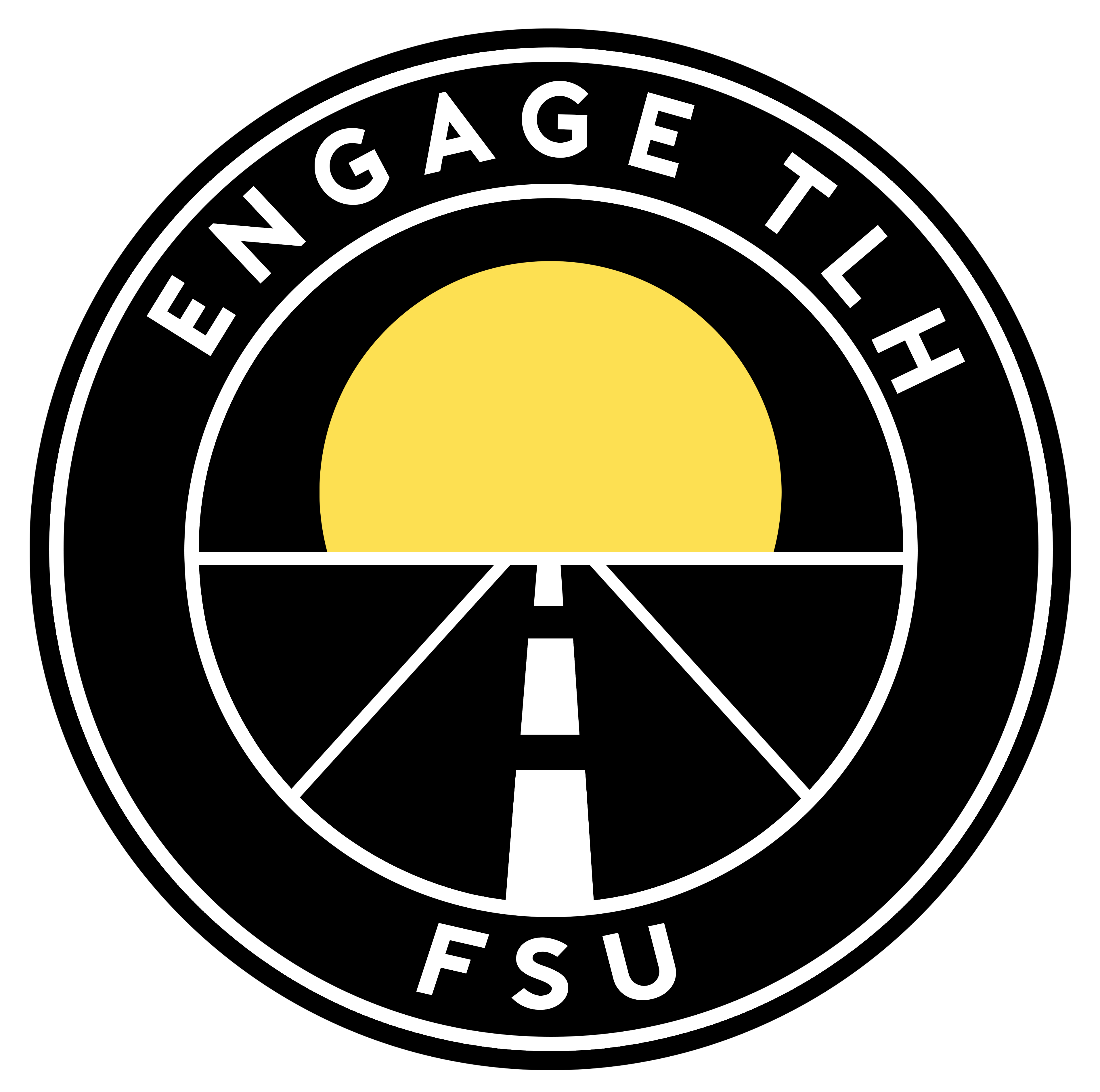 Circle graphic of a sunrise with a road stretching out towards it with the words EngageTLH and FSU above and below it