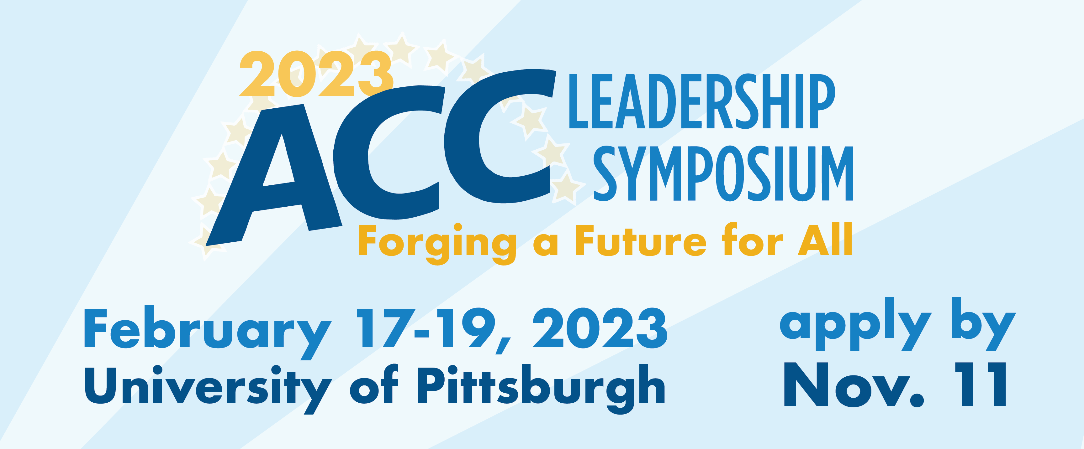 "ACC logo over light blue and white rays. 2023 ACC Leadership Symposium: Forging a Future for All"