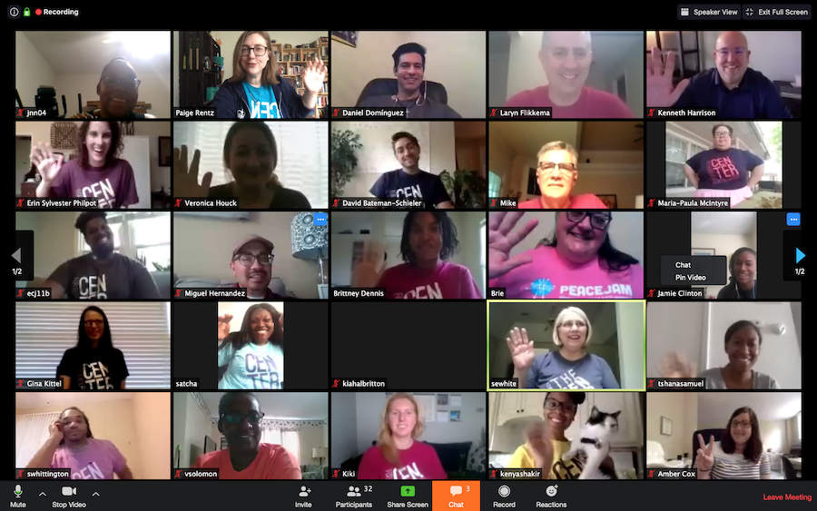 Center for Leadership & Social Change staff members wave during a Zoom online meeting.​​