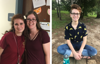 Two panels featuring Kendall McDonald, the first pictured with her roommate on move-in day her freshman year, and the second taken shortly before Kendall left Tallahassee for spring break.