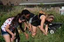 Three EngegeTLH volunteers are knee deep in weeds and overgrowth as they are weeding out the Damayam Community Garden. 