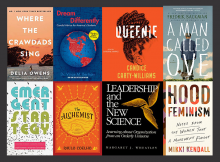 A collage of 8 book covers, including Where the Crawdads Sing, Dream Differently, Queenie, A Man Called Ove, Emergent Strategy, The Alchemist, Leadership and the New Science, and Hood Feminism